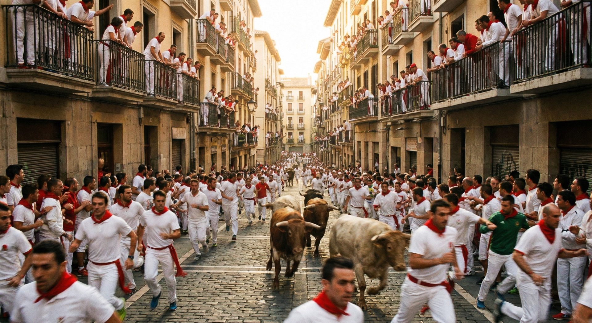 Encierro de San Fermín visto desde un balcón en la Calle Estafeta